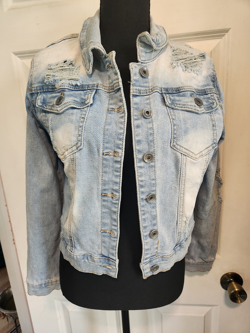 Distressed Light Wash Denim Jacket - Women
